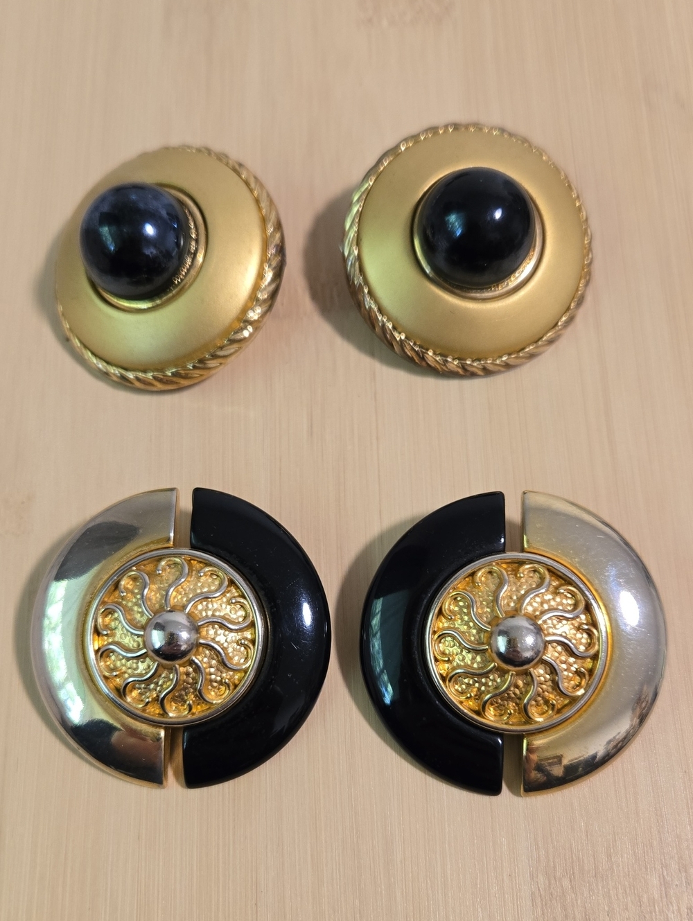 Vintage Gold and Black Clip-On Earrings - Two Pairs
